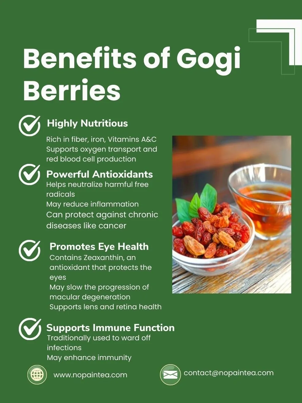 Benefits of goji berries infographic with text.